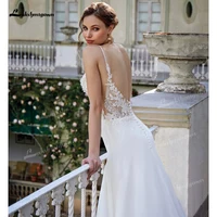 Elegant Chiffon V Neck Boho Wedding Dress 2026 A-Line Lace Applique Bridal Gown Spaghetti Strap Backless Wedding Gown Customized 3