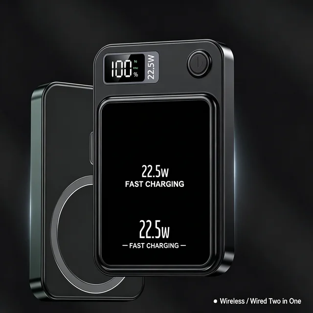 Runde magnetische kabellose Powerbank 10000 mAh, tragbare externe Akku mit superschnelles Aufladen, passend für iPhone Samsung Huawei, Farben Schwarz Lila Weiß 1