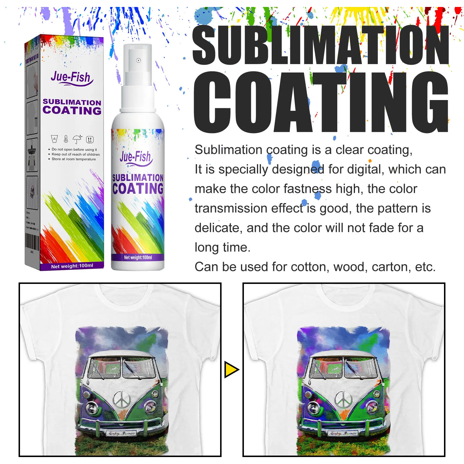 Jue Fish 100ml Sublimation Coating Fixed Spray Quick Dry Fabric T-Shirt Bright Quick Adhesion Anti Stain Wear Resistant Coating