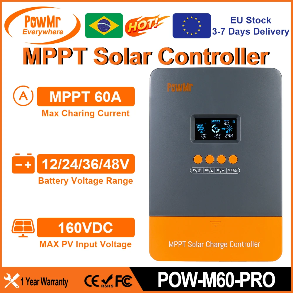 PowMr 100% MPPT 60A Regulator ładowania słonecznego 160V Plus wersja DSP Regulator praca dla bateria słoneczna 12V 24V 36V 48V Panel słoneczny