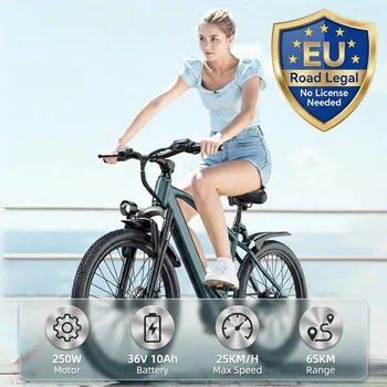 Bicicletta Elettrica Aairsk per Adulti, 250W 25km/h Omologata per Strada, E-Bike da Città 24/26" con Batteria 36V10Ah, Sblocco Intelligente NFC