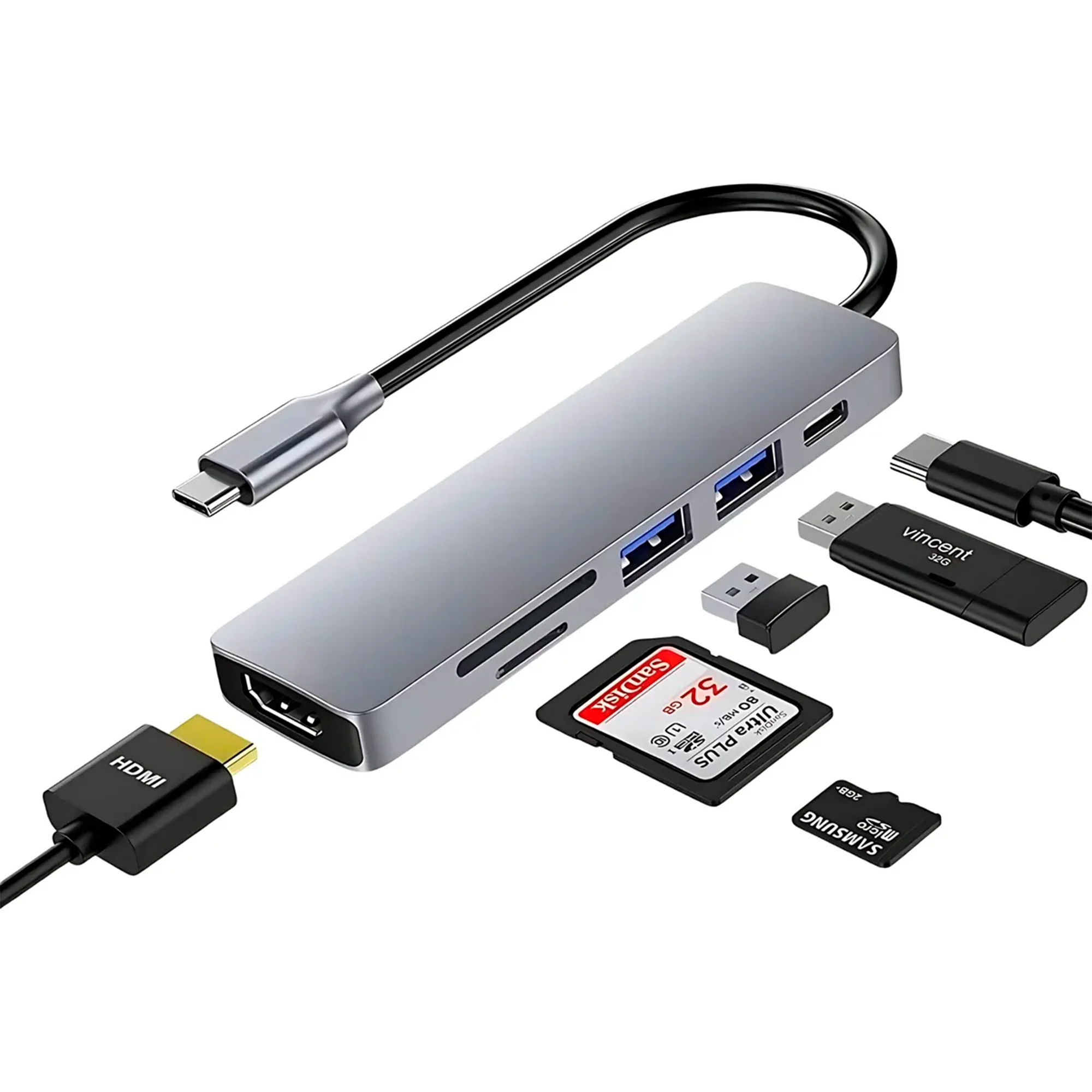 Mr. Gadgets Hub USB Tipo C 6 En 1, Adaptador SD/PD/HDMI 4K, Compatible Con Mac, iPad, Windows, Plateado