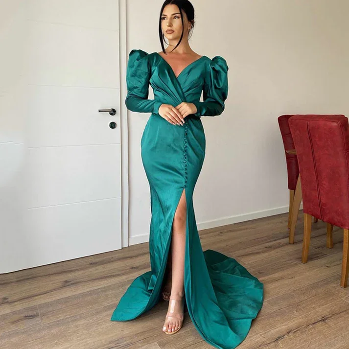 

Sexy V-Neck Mermaid Evening Dress Long Sleeves Women Prom Gown Royal Blue Button Split Party Gowns Sashes Robes De Soirée