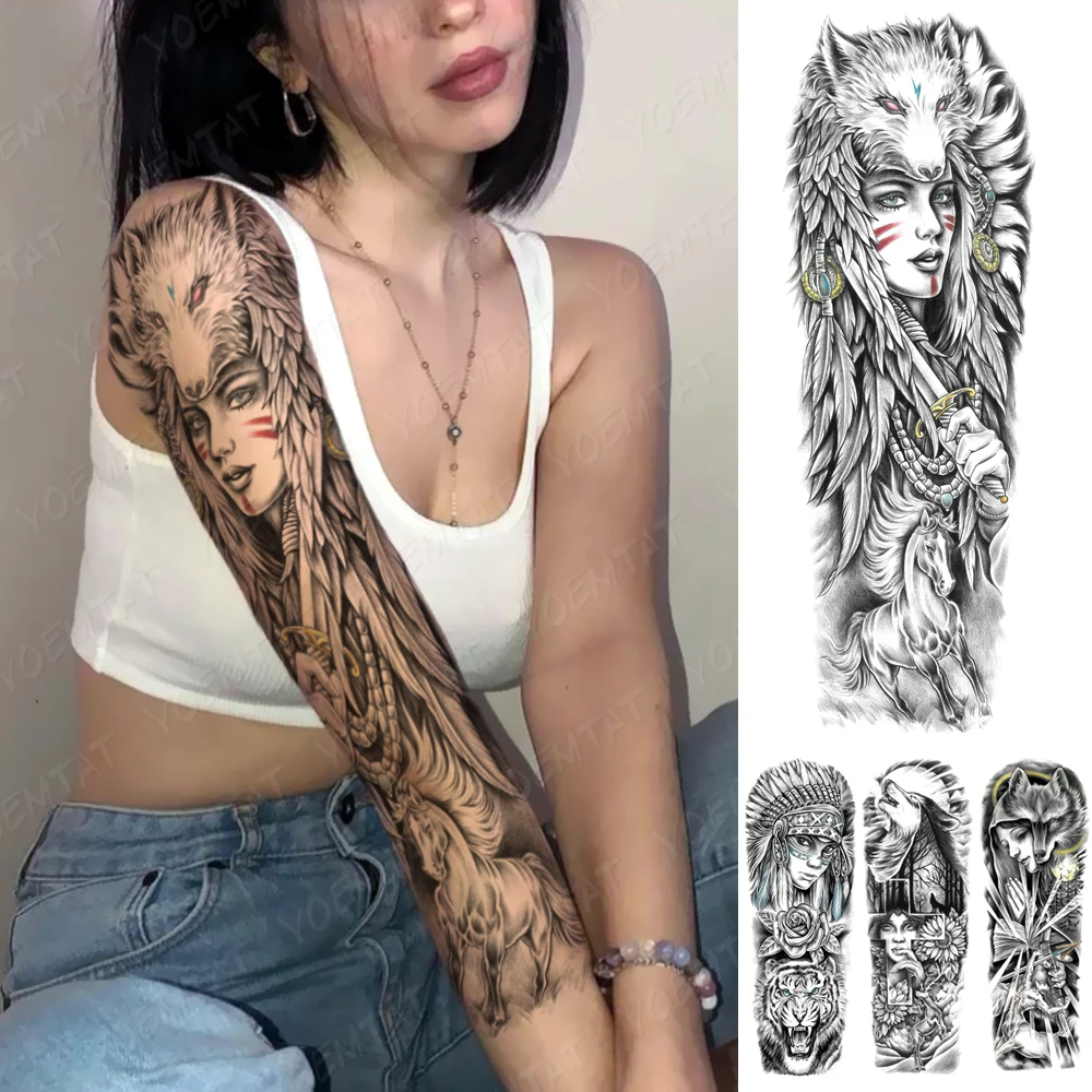 

Full Large Arm Sleeve Tattoo 3D Indian Tribe Girl Fox Waterproof Temporary Tattoos Sticker Horse Men Women Body Art Fake Tatoo