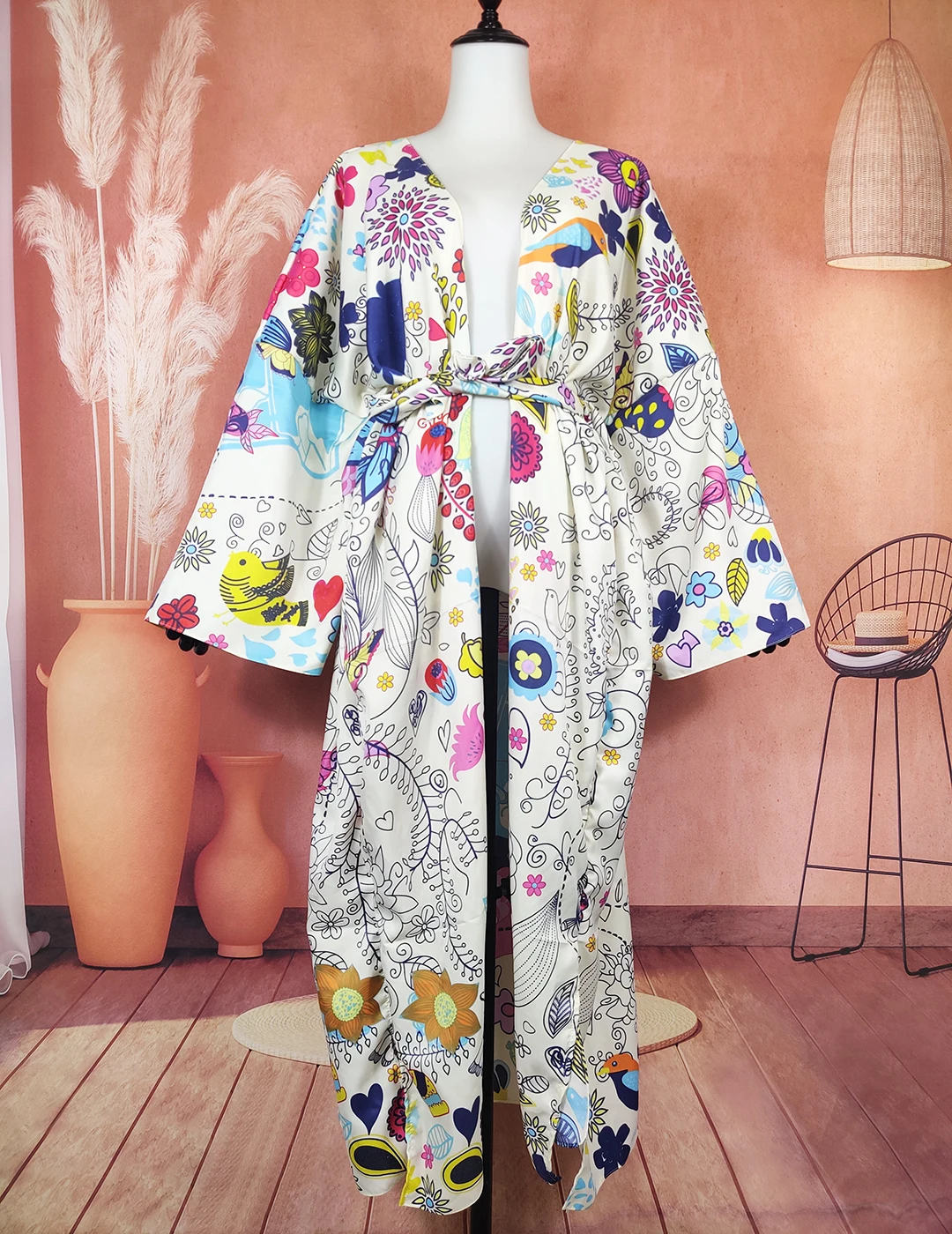 Europe Fashion 2022 New Summer Twill Silk Printed Women's Beach Cover Up Casual Bohemian Kuwait Lady Outlet Kimonos With Belt