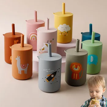 Baby Feeding Straw Cup Baby Cartoon Learning Feeding Cup Food Grade Silicone Toddler Water Bottle Tableware BPA Free Baby Gifts