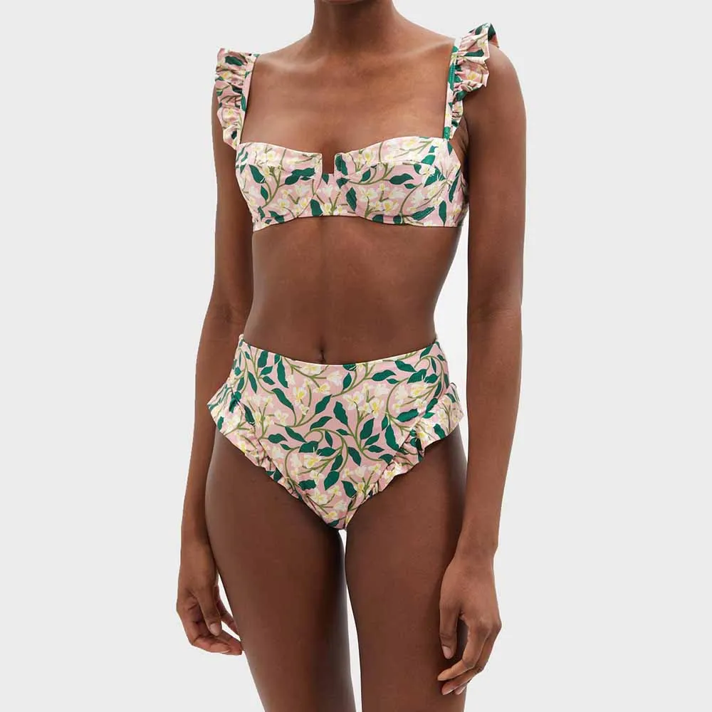 

Pink Print Ruffle Sling Swimsuit High Waist Slim Two-Piece Bikini Suspender Sexy Backless Beachwear Fashion New 2024 Women