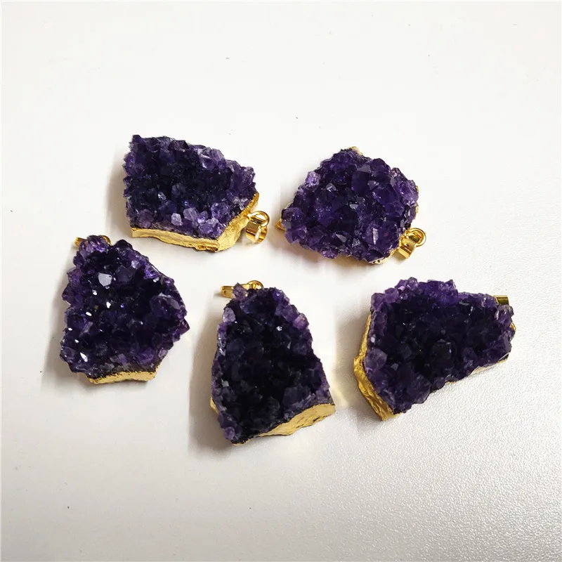 

FUWO Wholesale Trendy Women Natural Amethysts Pendant,Golden Plated Free Shape Purple Crystal Quartz Jewelry 5Pcs/Lot PD281