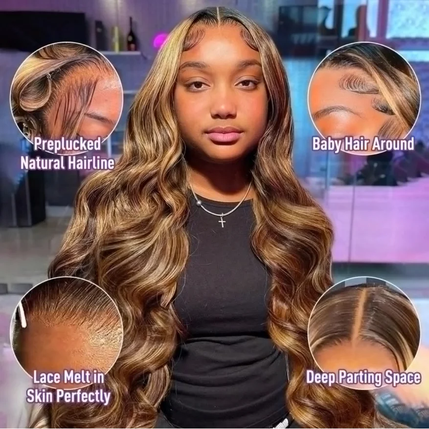 34 Inch13x4 Honey Blonde Ombre Lace Front Wigs Human Hair Pre Plucked 200 Density 4/27 Highlight Colored Body Wave Frontal Wigs 4