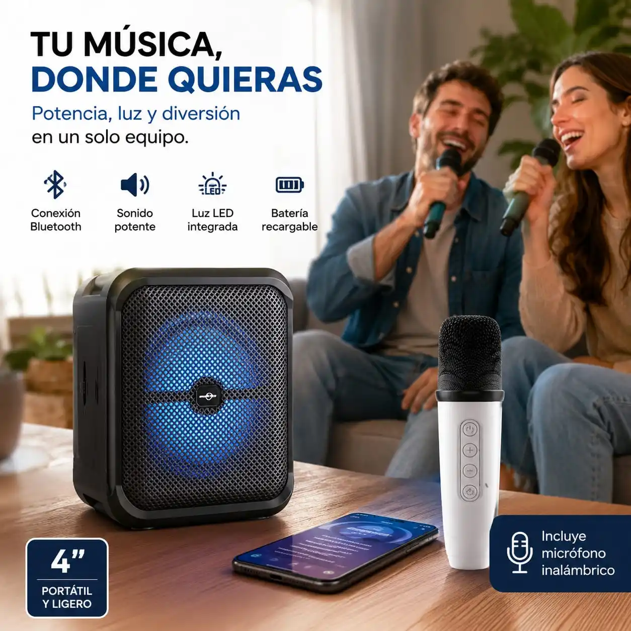 Bocina Bluetooth Karaoke 4″ con Micrófono Inalámbrico TWS USB SD