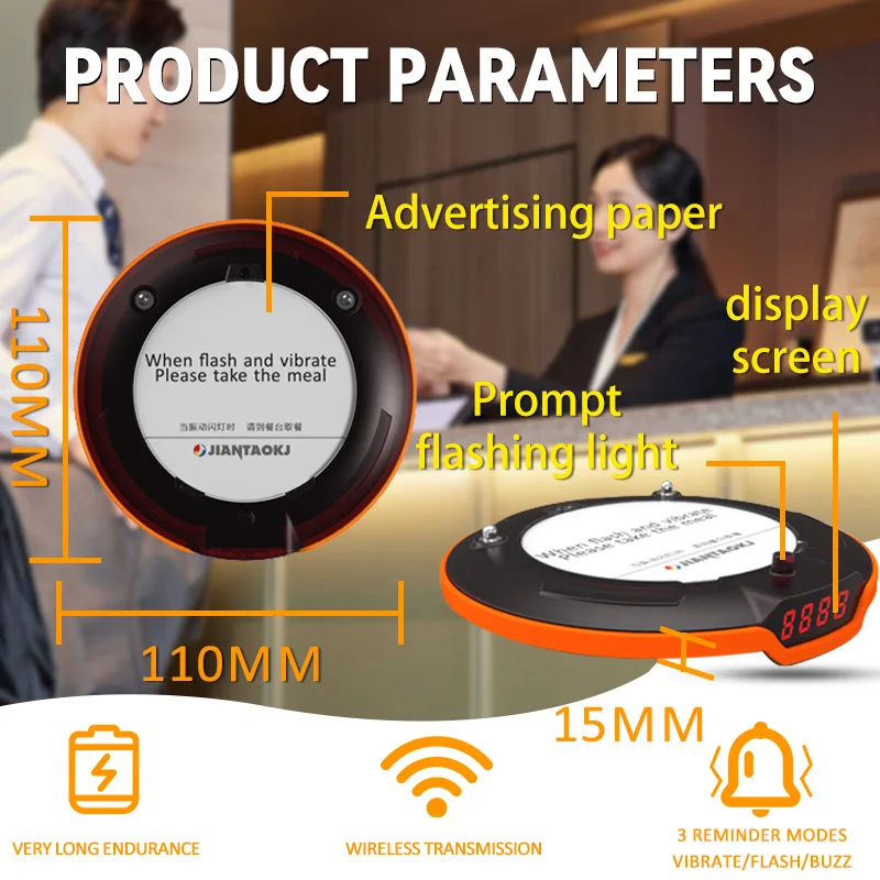 JT-936 New 300 mah waterproof Fast Court Queue number Call Vibratory Buzzer Coaster Pager Guest Cafe Restaurant paging system
