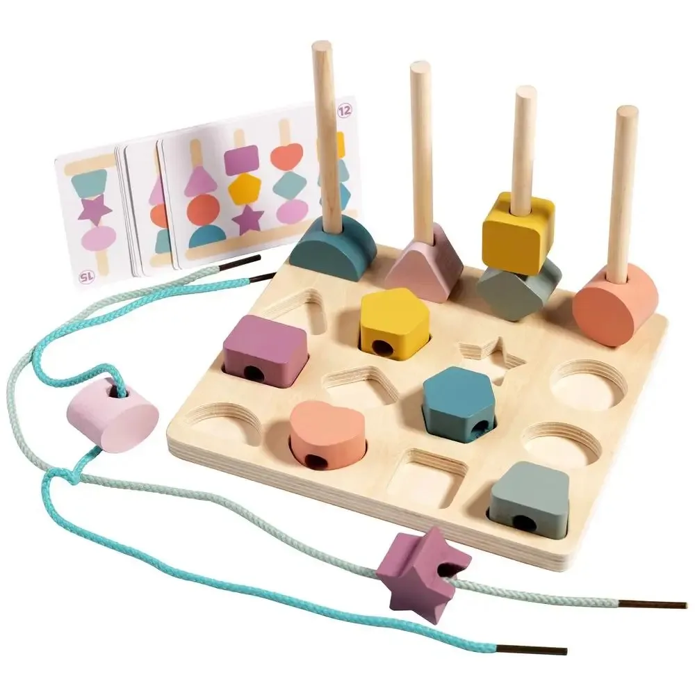 Kids Color Shape Matching Toys Montessori Wooden Puzzle Game Fine Motor Skills Training Lacing Beads Games Educational Toy 4