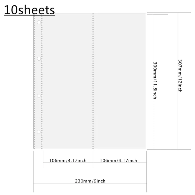 PLRBOK A4 Clear 10 Pack Photo Album Refill Pages Protector 4 Holes Multiple Formats 4 Rings Binder Photocards Postcard Notebook 10pcs 2-pockets long