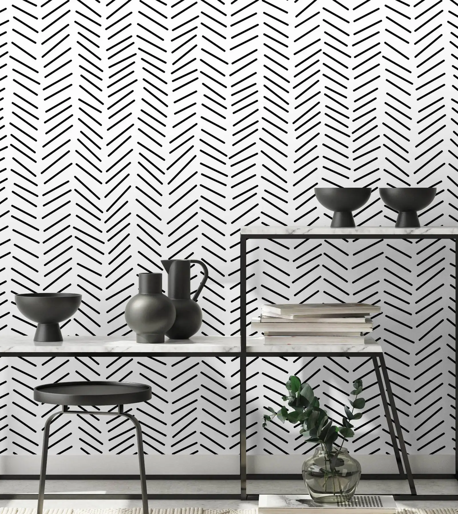 Chevron Black and White Line Wallpaper, Scandinavian Stylish Geometric Lines Wall Paper, Minimalist Herringbone Stripe Walpaper chevron black and white line wallpaper scandinavian stylish geometric lines wall paper minimalist herringbone stripe walpaper