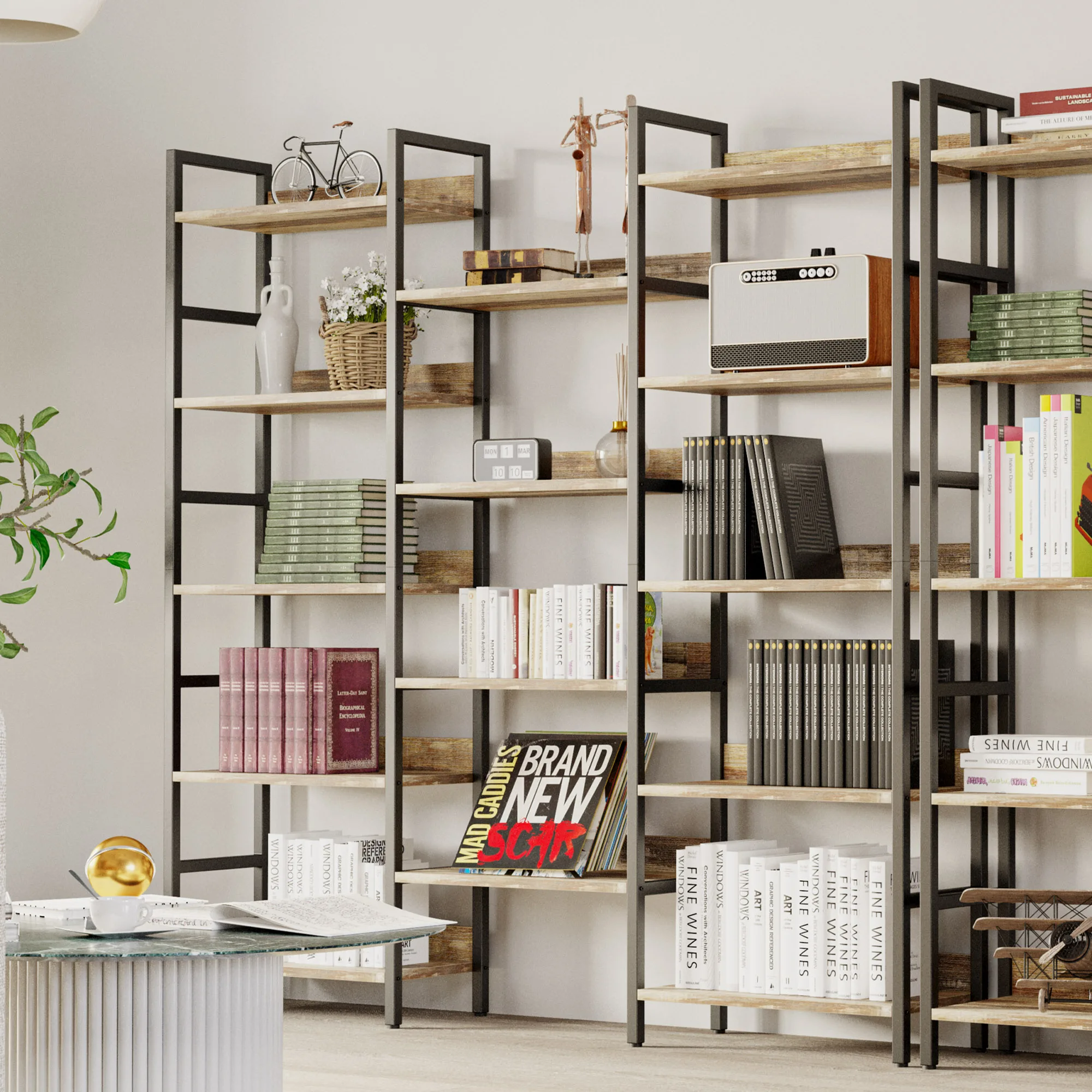 IRONCK Bookcases and Bookshelves Triple Wide 5 Tiers Industrial Bookshelf with Baffles Large Etagere Bookshelf with Metal Frame 6