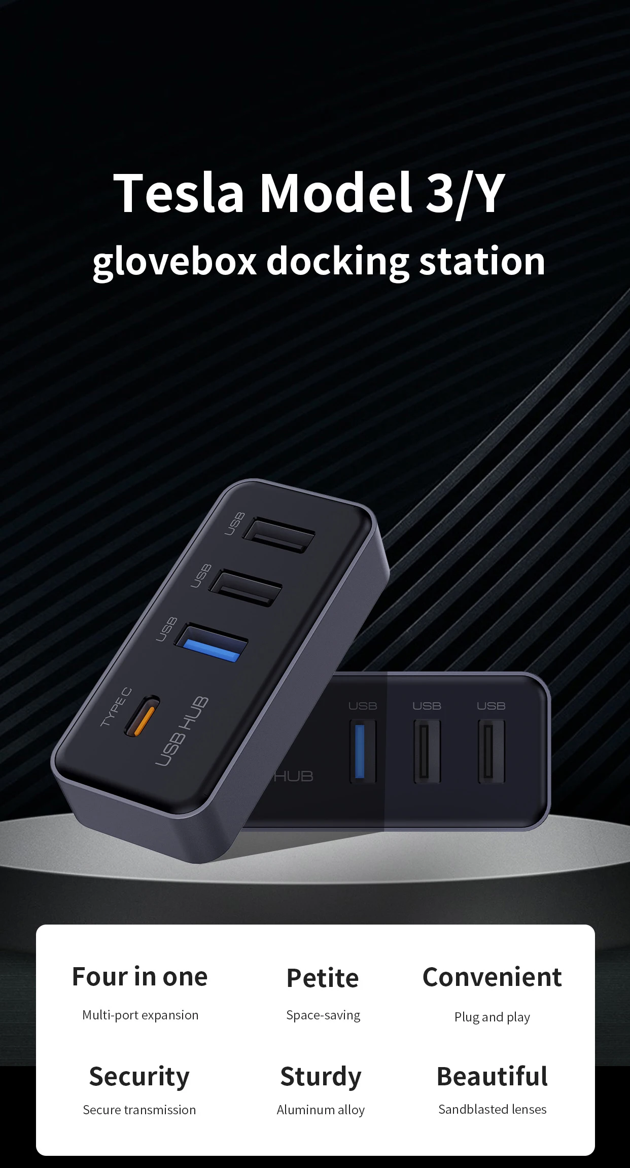 Docking Station USB Hub 4-in-1 for Tesla Model 3 Model Y Glovebox for Dashcam F