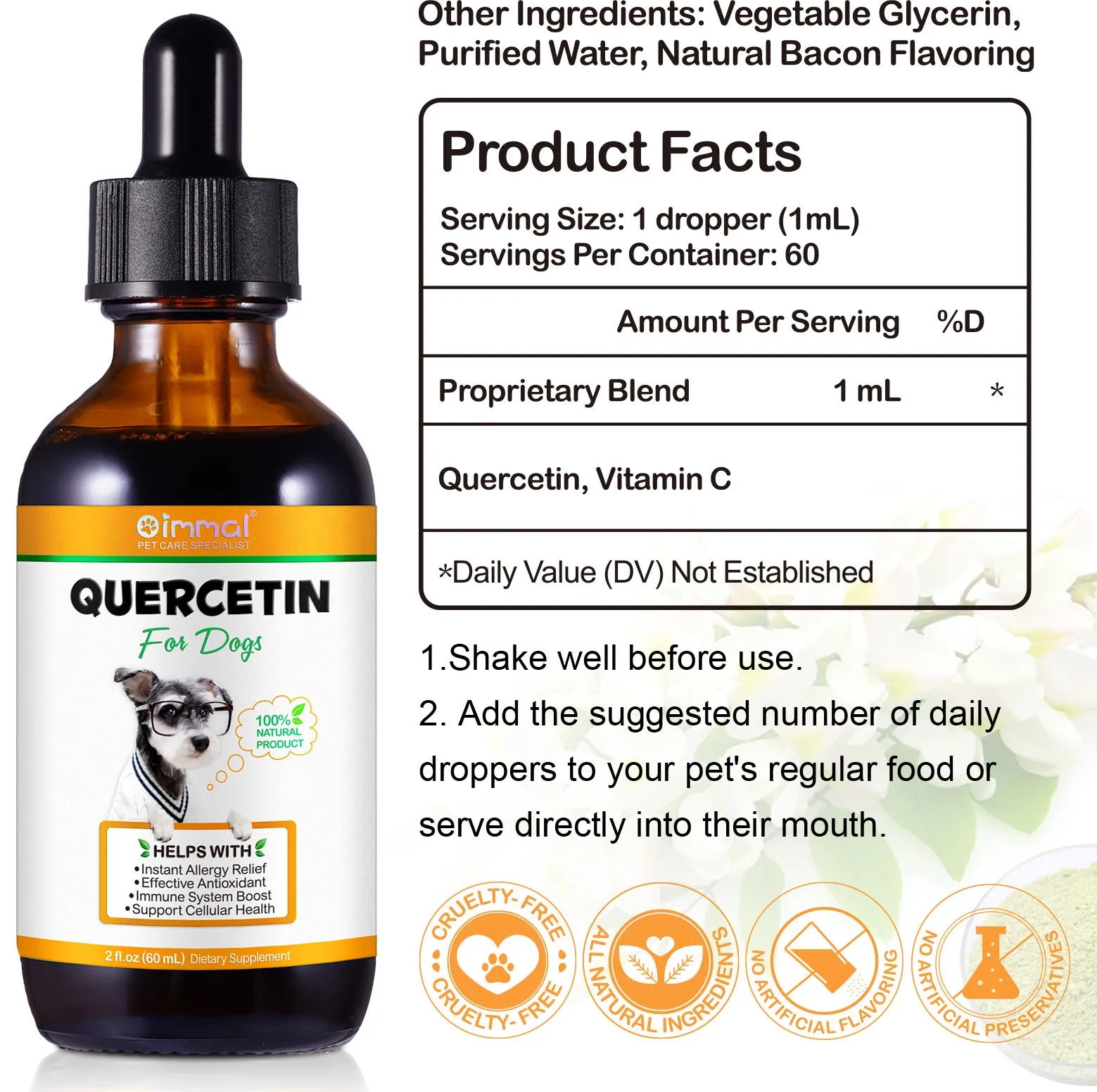 Pet Nutrition Supplement Quercetin For Dogs Allergy Relief Antioxidant Immune System Boost Bacon Flavor