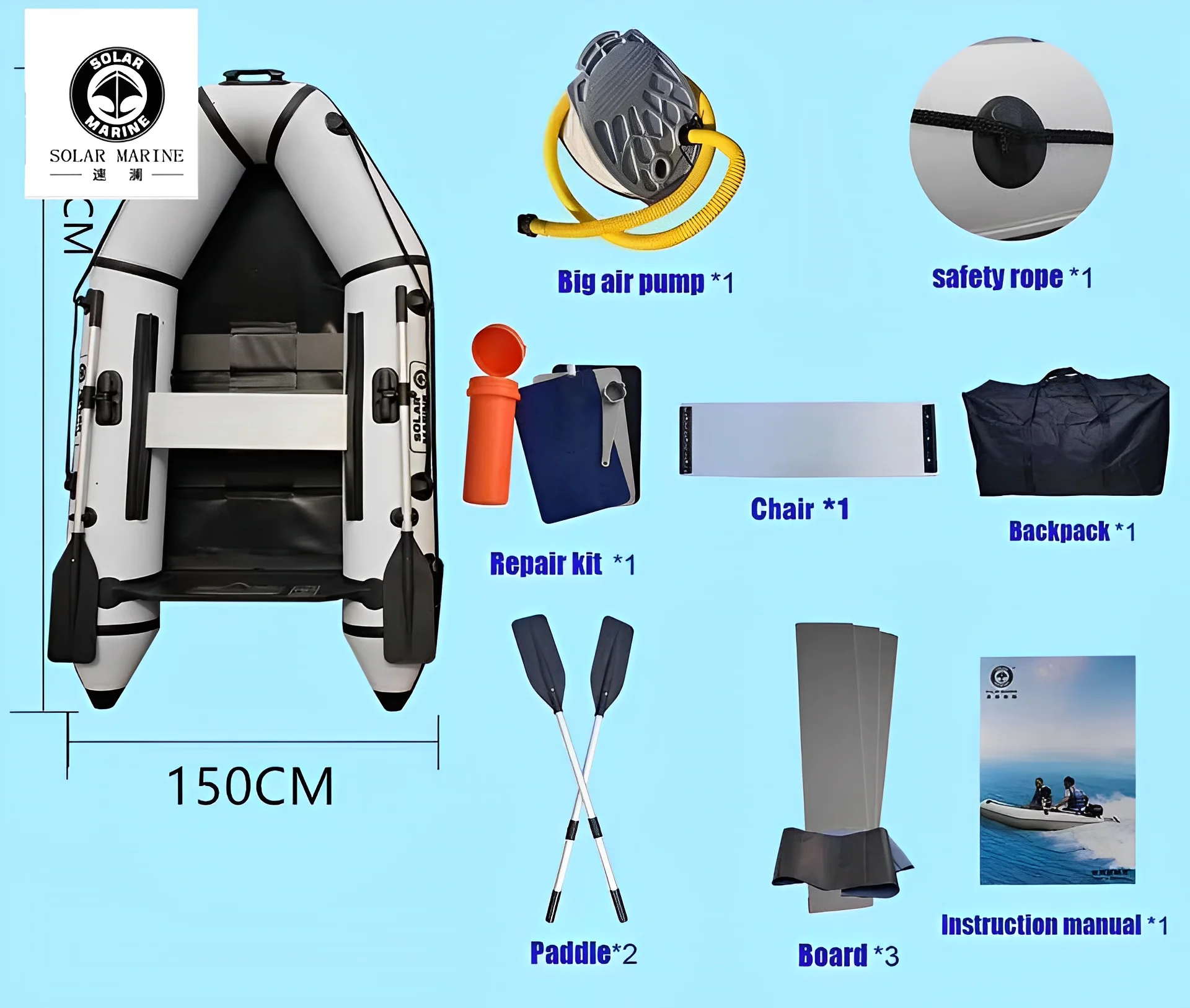 SolarMarine-PVC Inflatable Assault Boat, Speed Kayak, Dinghy Canoe with Wooden Floor Accessories, , 3 Person, 0.9mm