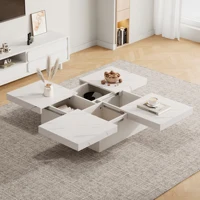 Table basse carrée moderne blanche avec finition effet marbre, 90 x 90 x 25 cm – Quatre tiroirs, plateau coulissant, robuste 2