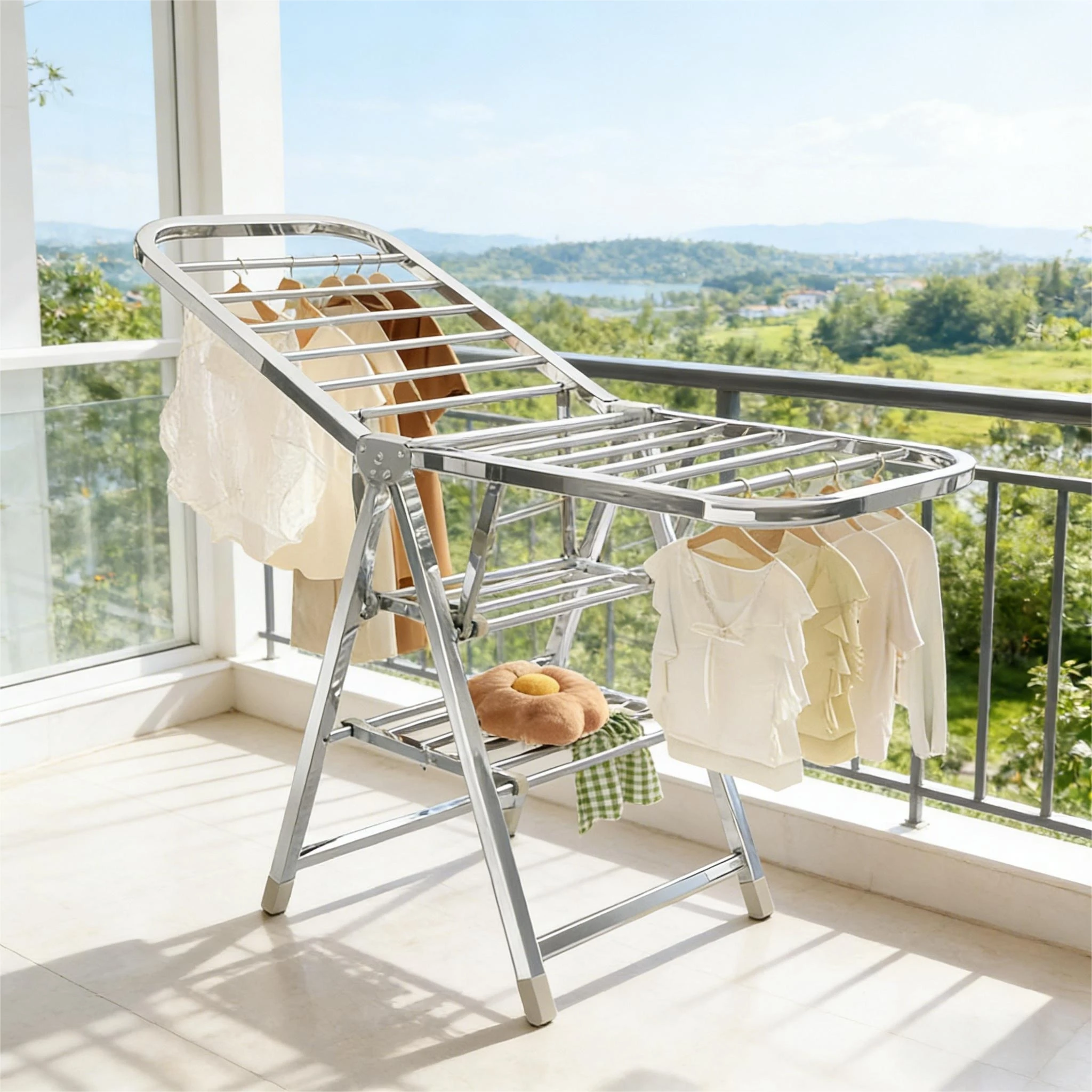 SAEIV Foldable stainless steel clothes rack with wings and shoe rack, height-adjustable, sturdy and durable, space-saving.