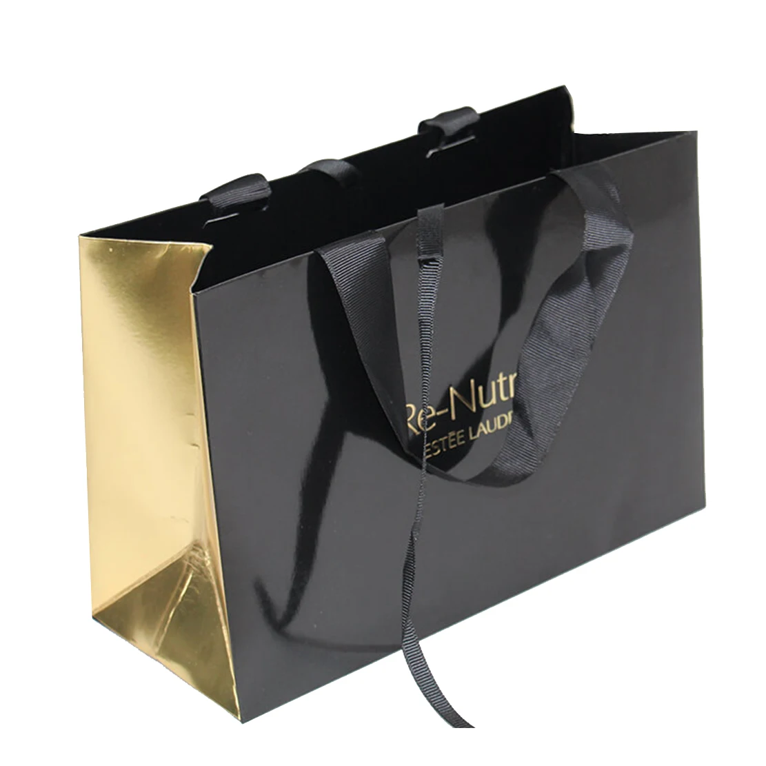 Gold Foil Stamped Gift Paper Bags for Shopping with Printed Ribbon