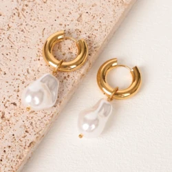 LAVK Hoop Earrings Water Droplet Baroque Imitation Pearl Stainless Steel Golden Circular Earrings Women's Vintage Jewelry