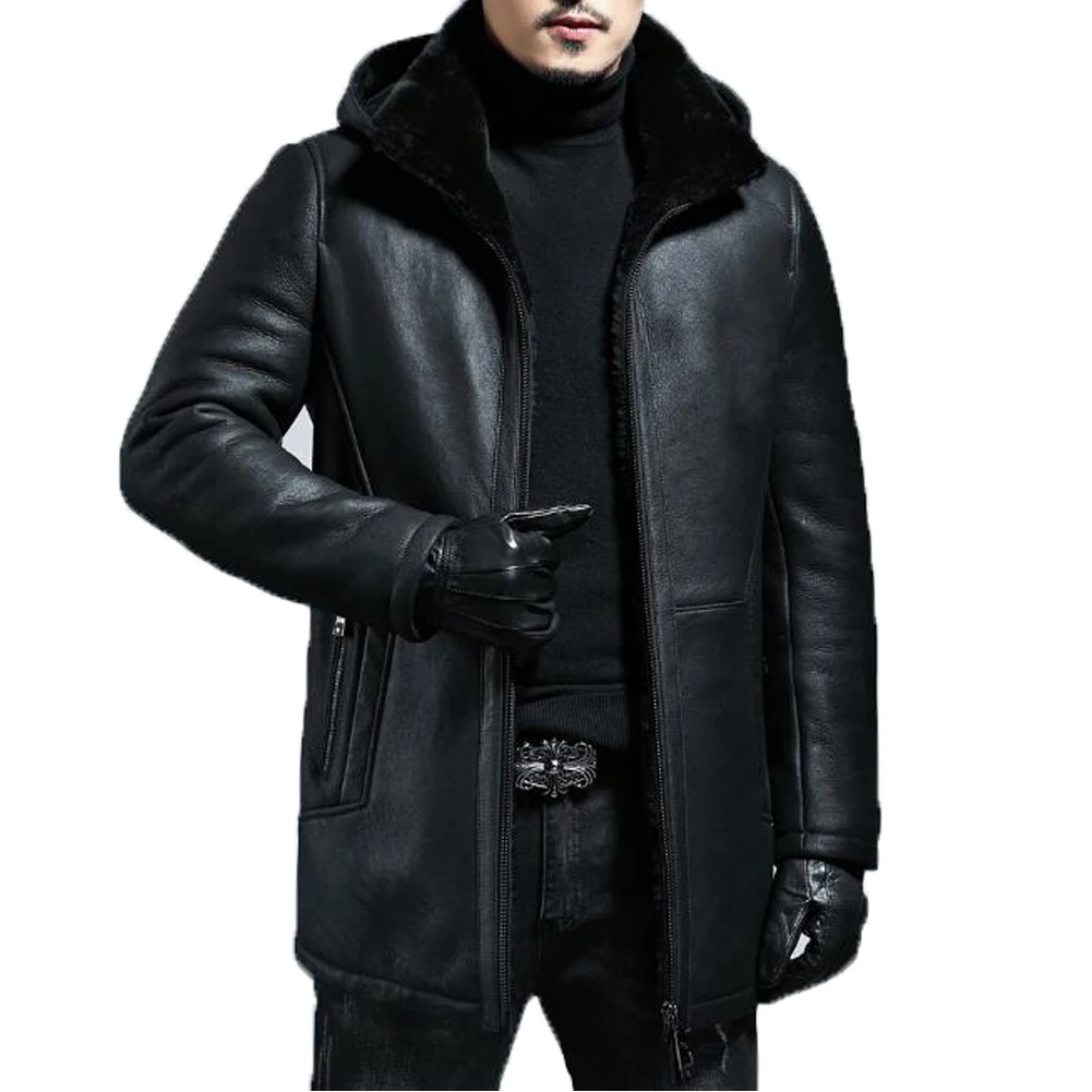 Denny&Dora Mens Black Shearling Coat Shearling Flight Jacket Men Mid-Length Sheepskin Coat For Men