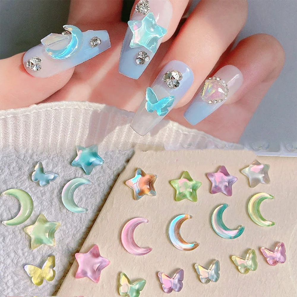 

50Pcs Aurora Mocha Nail Art Charms 3D Stars Moon Butterfly Shaped Crystal Candy Colored Nail Art Decorations Manicure Ornaments