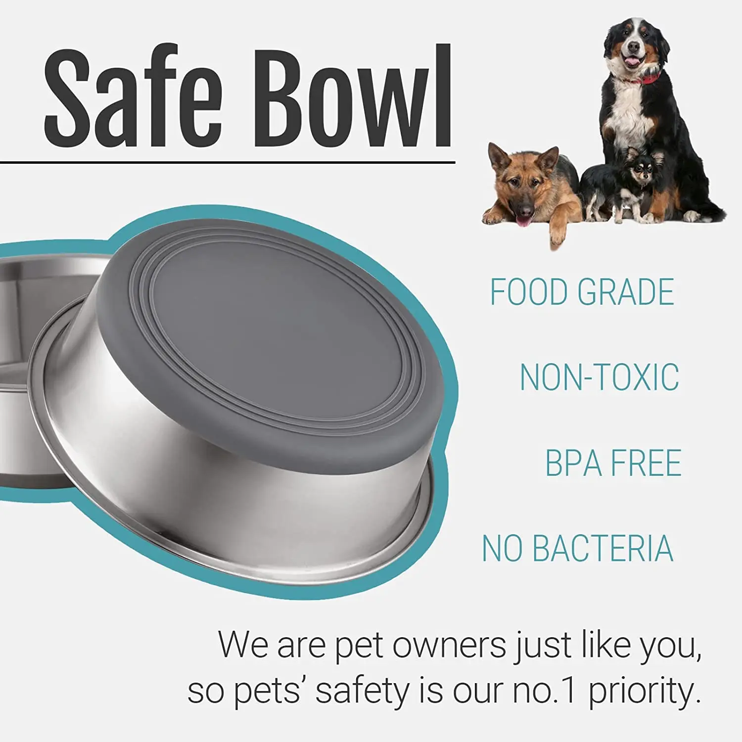 Stainless Steel Dog Bowl with Rubber Rim by Pets Stop