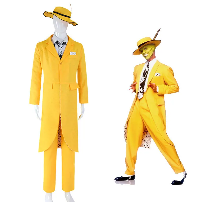 P-Jsmen Movie Men Jim Carrey The Mask Cosplay Halloween Costume For Adult Funny Yellow Full Suit