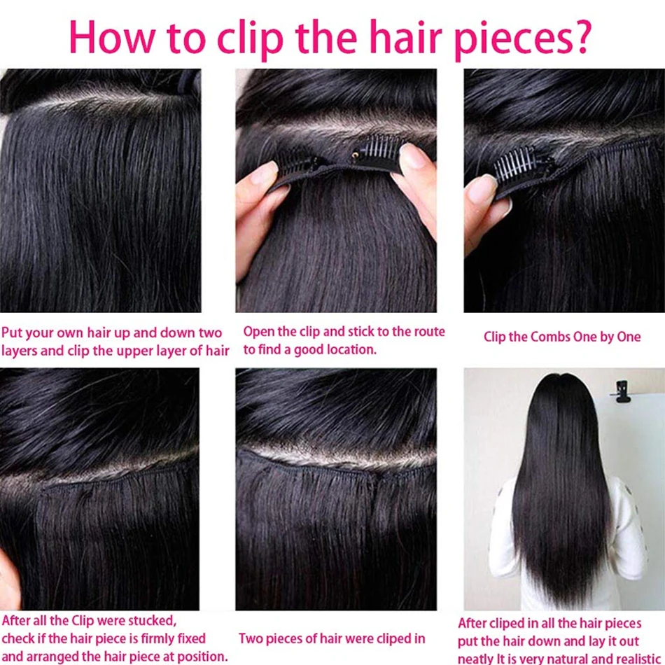 Seamless Clip ins Human Hair Extensions Straight Brazilian Remy Real Natural 8Pcs 120G/Set