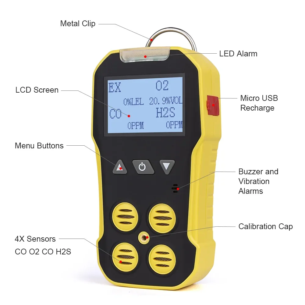Bosean 4 in 1 Multi Gas Detector O2 H2S CO LEL Gas Meter Oxygen Hydrogen Sulfide Carbon Monoxide Combustible Leak Detector