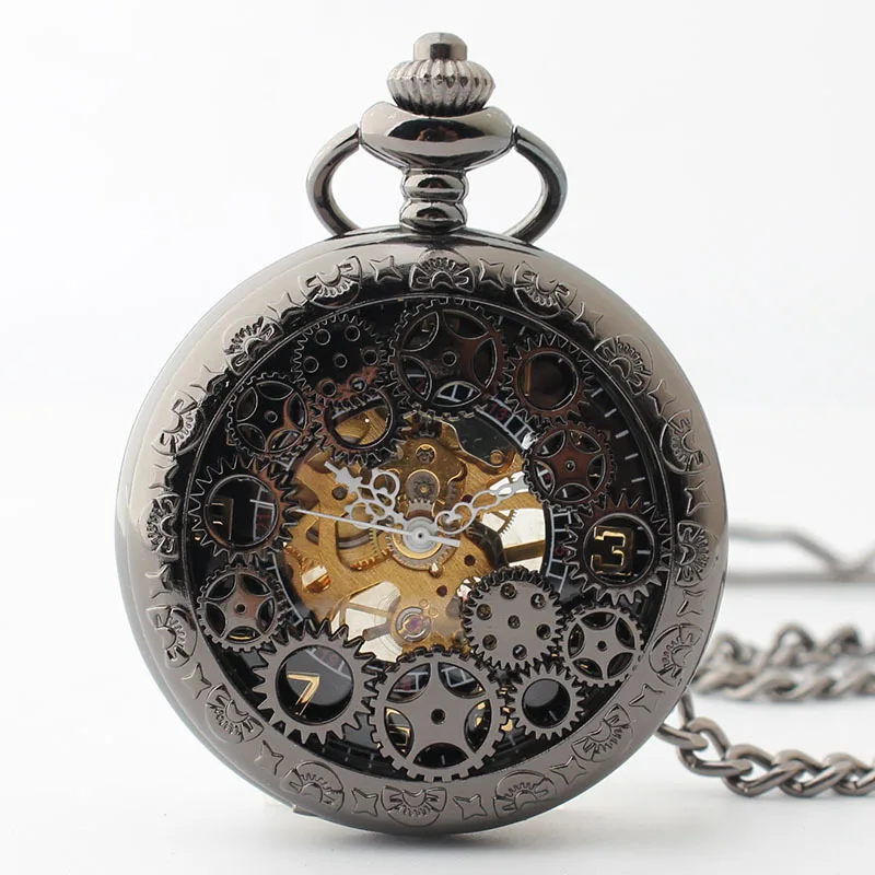 

Flap Hollow Skeleton Gear Pocket Watches Chain Steampunk Retro Mechacnical Hand-winding Mens Pocket Watch relojes de bolsillo