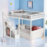 Lit double pour enfants 140x200cm, lit superposé en bois de pin avec barrières de sécurité et armoire-échelle de rangement, blanc 2