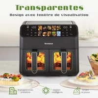 Friteuse à air chaud sans huile à double panier de 9 L avec fenêtre, friteuse électrique à air chaud avec minuterie, friteuse numérique de taille familiale pour usage domestique, 10 programmes automatiques avec écran tactile LED, 2 compartiments indépendants de 4,5 L, taille four familial 4