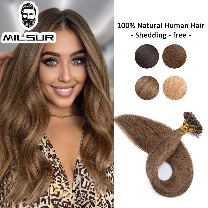 U Tip Hair Extensions Human Hair 1.2cm Keratin Natural Extension Nail Bond Capsule Remy Straight 1g/Strand 12-26inch