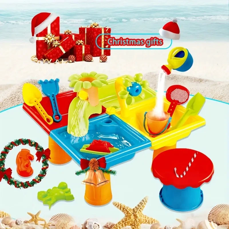 25pcs Beach Table Sand Play Toys Set 4-in-1 Sand Water Table with Fun Sea & Beach Accessories Summer Children Outdoor Games 4