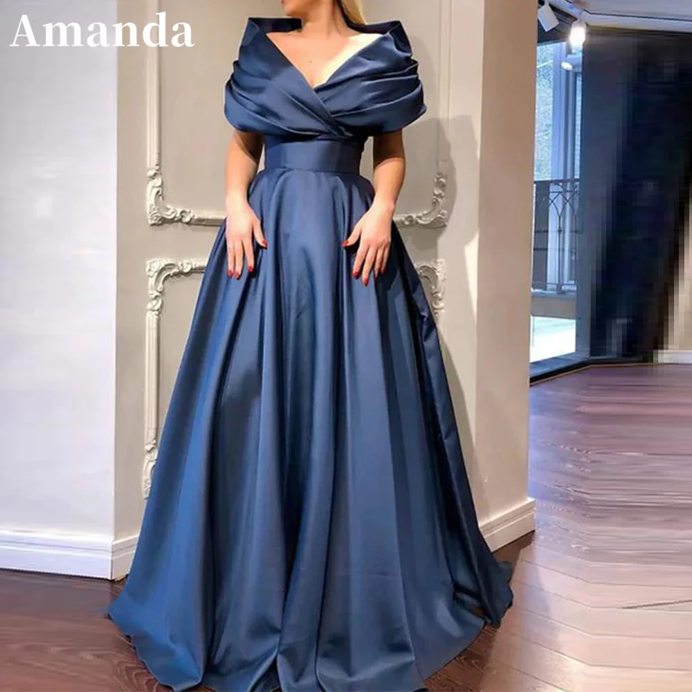 

Amanda Gorgeous Silk Satin Ball Gown Prom Dress Elegant Dark Blue Evening Dress Off The Shoulder Floor Lenght فستان سهرة
