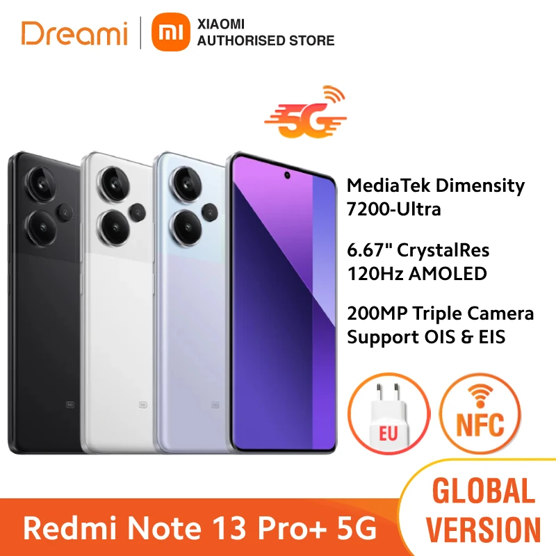 Глобальная версия Xiaomi Redmi Note 13 Pro Plus 5G - MediaTek Dimensity 7200-Ultra, 200MP Triple Camera OIS, 120Hz AMOLED