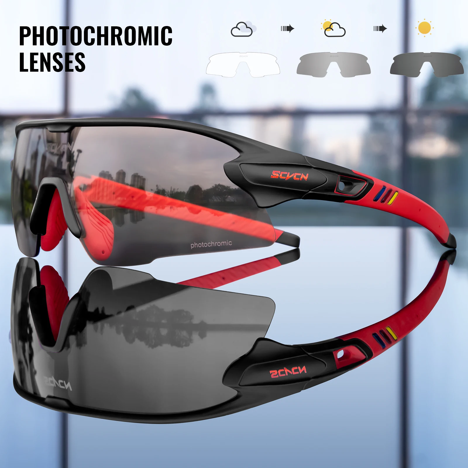 Photochromic Cycling Sunglasses 4 Lens Mirrored Goggles UV400 Men Women 