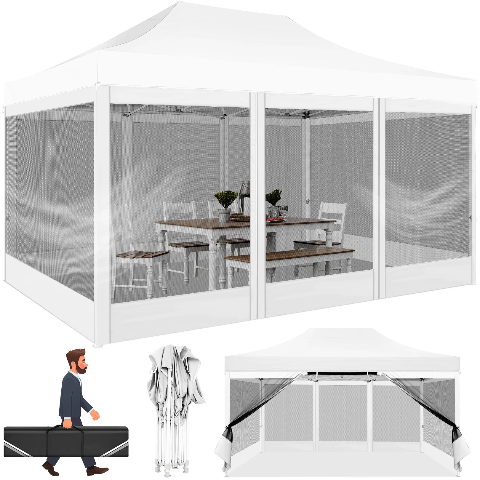 10x15 FT Heavy Duty Pop Up Canopy with 4 Sidewalls, Commercial Gazebo Party Tent with Mosquito Netting Wall Easy Set Up Outdoor — WHITE Other