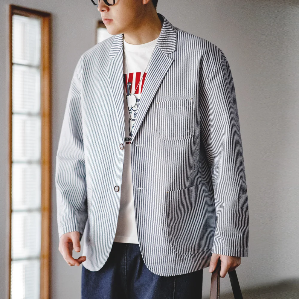 Maden New Vintage Casual Seersucker Striped Suit Jacket Cityboy Flat Lapel Loose Outwear for Men's Spring And Autumn mens blazer