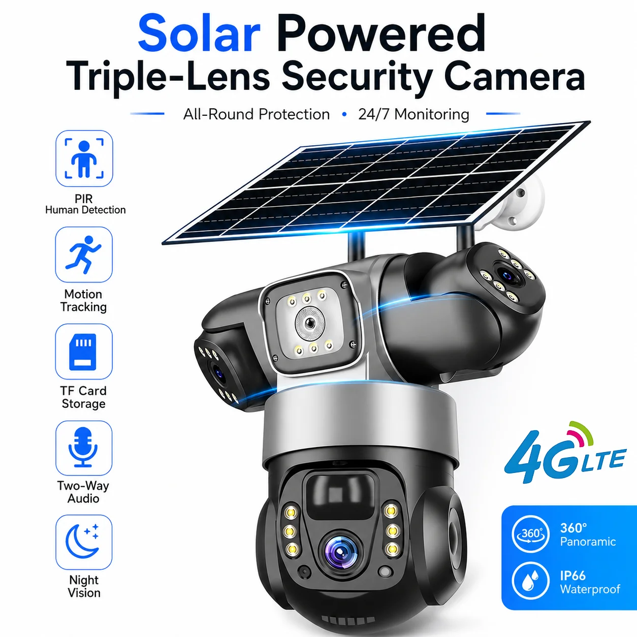 V380 4G 태양광 보안 카메라 무선 3렌즈 360 °   모션 추적 및 HD 라이브 뷰 CCTV 기능을 갖춘 야간 투시 PTZ 카메라 보기