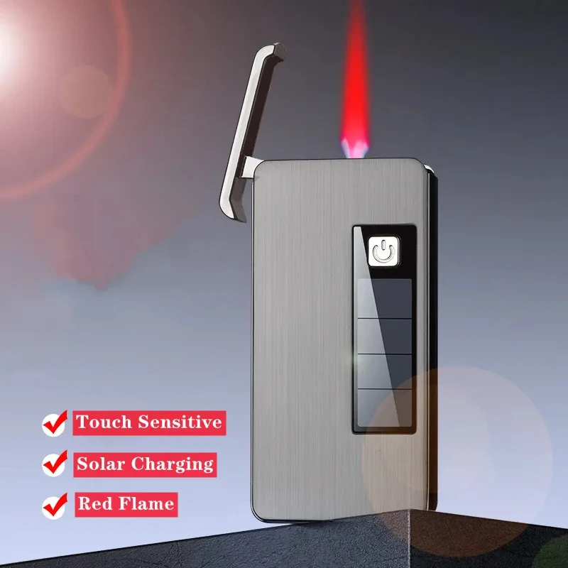 

Environmental Solar Rechargeable Metal Outdoor Windproof Butane Gas Lighter Turbo Torch Red Flame Jet Electric Lighter Gift