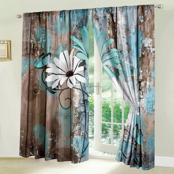 2Pcs Vintage Wooden Floral Curtains Mint Green White Daisy Butterfly Living Room Bedroom Window Decor Curtains Country Sty 6