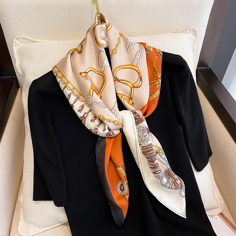 

2022 Four Seasons Satin Silk Bandanna Fashion 90X90CM Shawl Popular Sunscreen Dustproof Kerchief New Print Travel Square Scarve