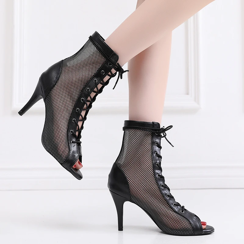 Woman Red Mesh Latin Ballroom Dance Shoes Women High Heel Jazz Dance Booties Girls Lace Up Stiletto Bootie Slim Heel 3.5/4 Inch