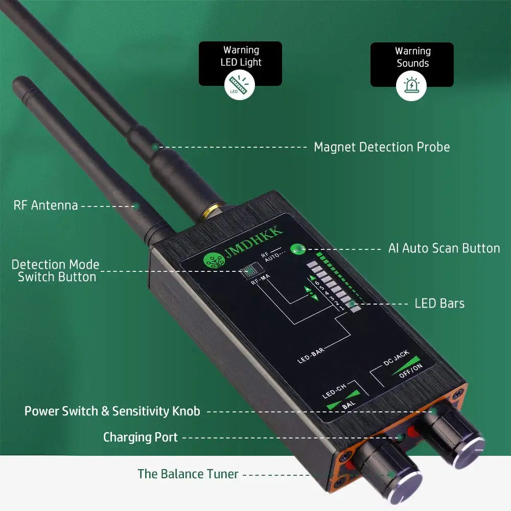 Detector de cámara oculta, detector antiespía, detector de rastreador GPS,  escáner de señal RF con amplio rango de frecuencia de 1M-8G Hz y 12 niveles  de sensibilidad, detector de errores, buscador de