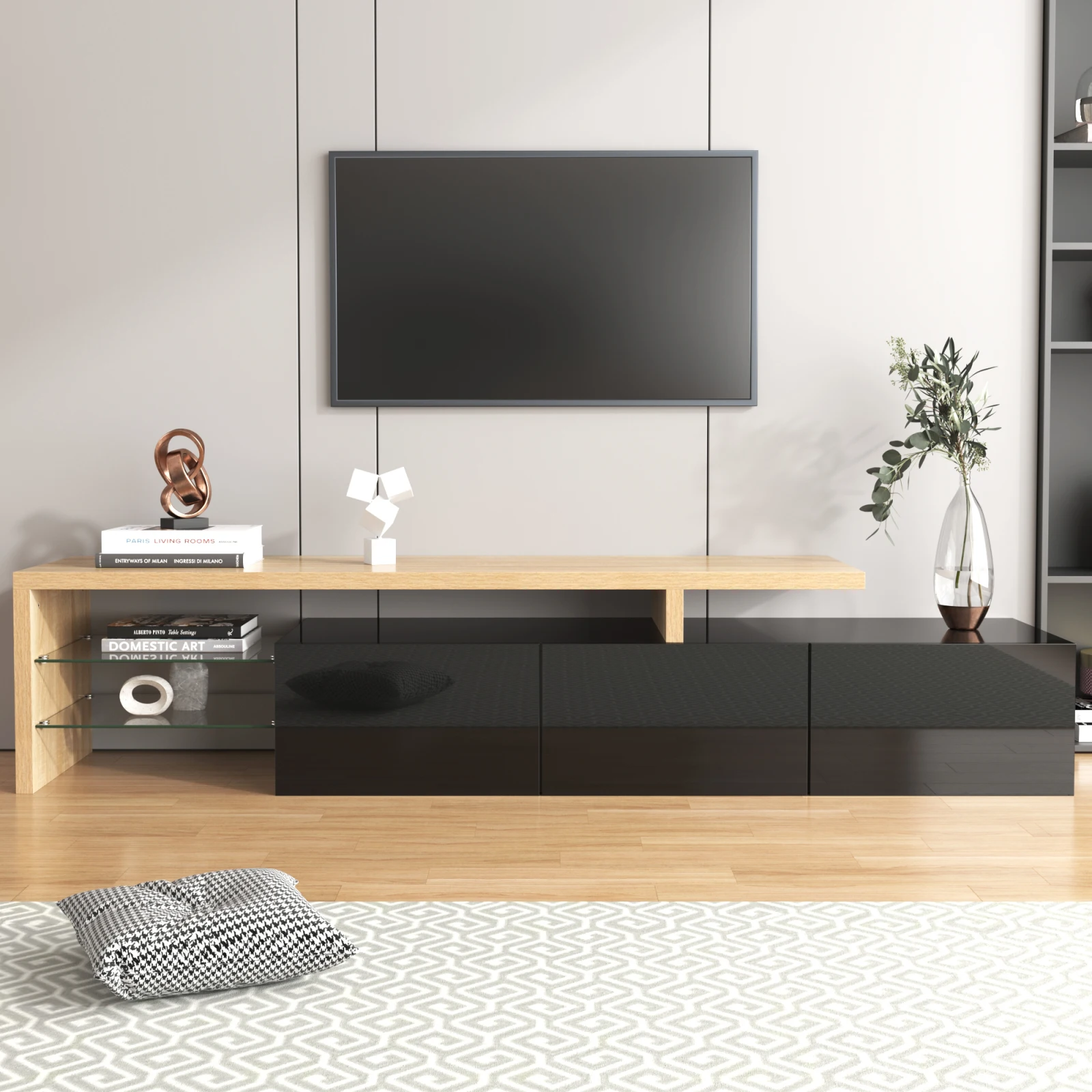 Rosahqnda Moderner TV-Schrank mit LED-Beleuchtung, 3 Stauräume, offene Regale, Hochglanz-Weiß, Holzoptik, Glasböden – Detail 11