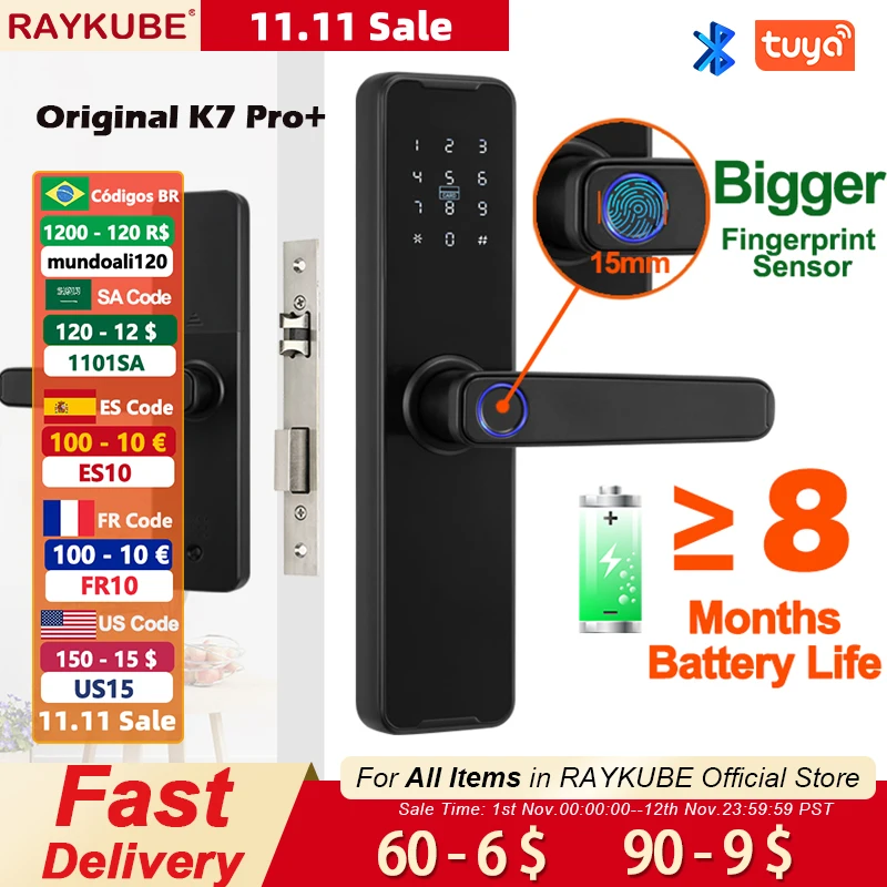 RAYKUBE Biometric Fingerprint Door Lock K7 Pro+ Black Smart Lock Tuya App Remote Unlocking Keyless Lock Electronic Door Lock